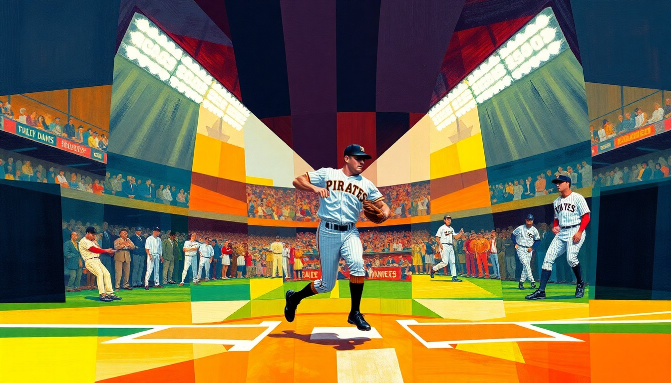 A fractured, multi-perspective painting depicting Bill Mazeroski's famous 1960 World Series home run, with the players' silhouettes and uniforms broken down into sharp, overlapping geometric shapes and planes in vibrant colors.
