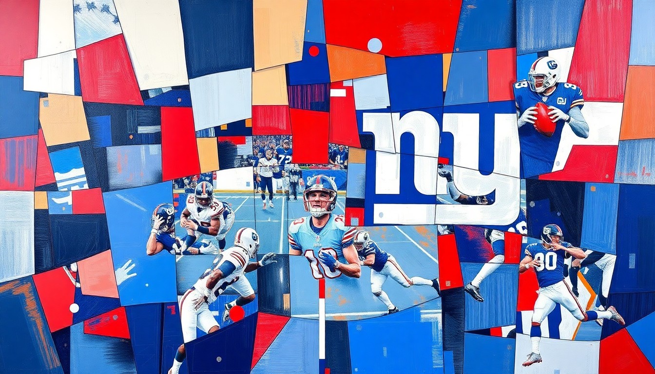 A cubist, geometric painting depicting fragmented football players and action, using the colors of the New York Giants to conceptually represent the team's transformation under new leadership.