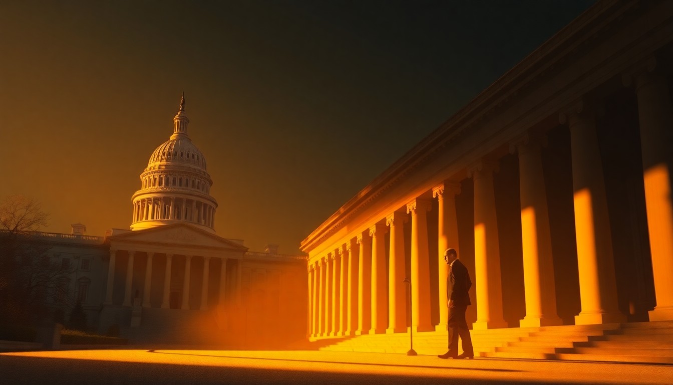 A dimly lit, cinematic painting of a government building or political figure in a solitary urban setting, with warm sunlight casting long shadows and creating a sense of melancholy and isolation.