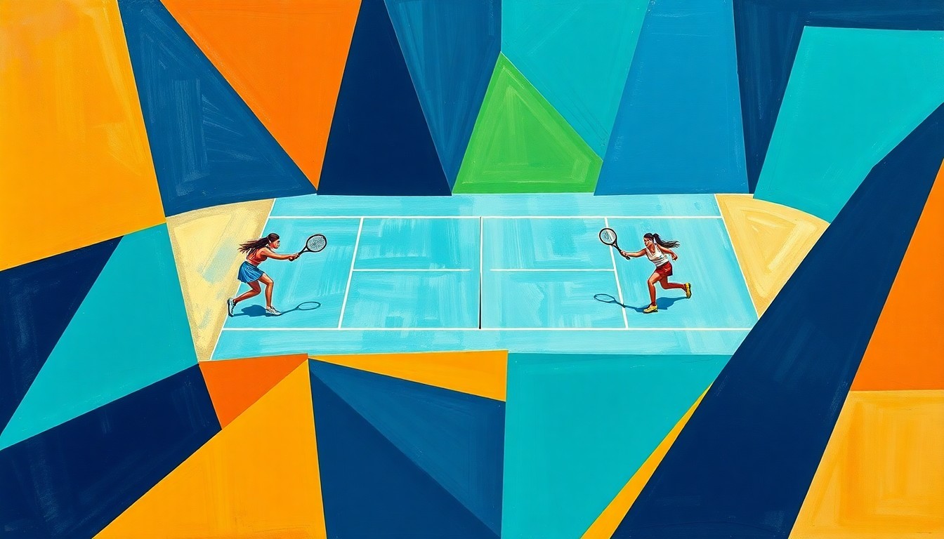 A cubist, geometric painting depicting a tennis match between two players, with sharp, overlapping planes of color and form representing the dynamic action and strategy of the game.