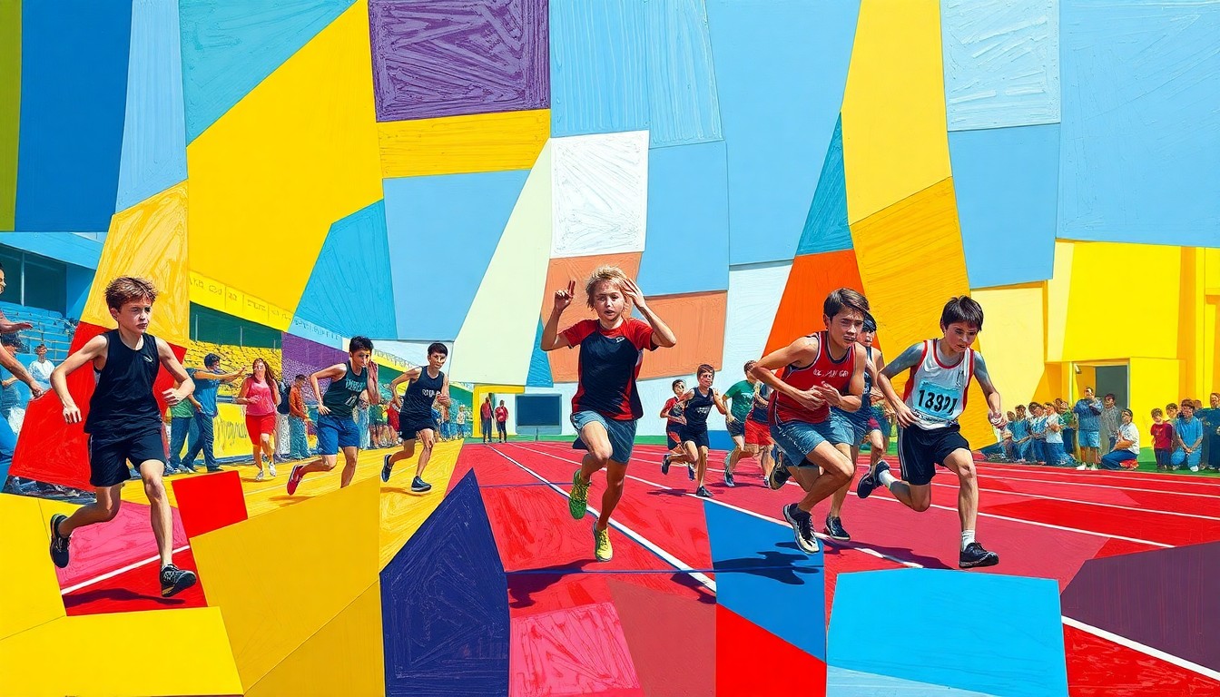 A fragmented, geometric painting in bold primary colors depicting the dynamic action and competition of a middle school track and field event.