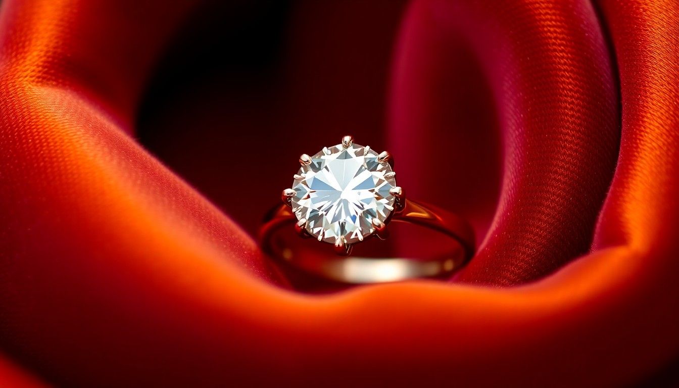 An abstract close-up photograph of a diamond engagement ring set against a plush, velvety burgundy and gold fabric, capturing the luxurious and celebratory mood of the celebrity wedding.