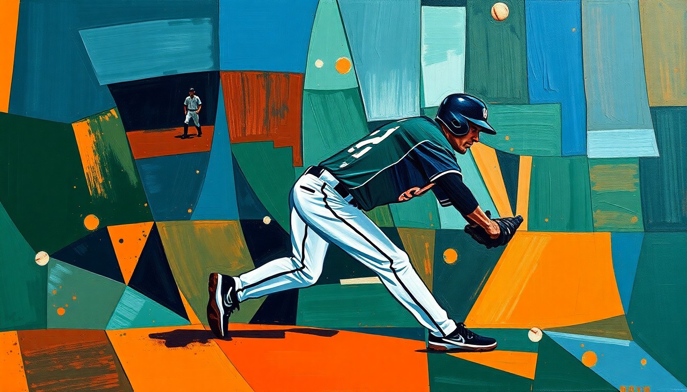 A cubist-style painting depicting a fractured, geometric representation of a baseball pitcher in motion, with overlapping planes of navy, green, and orange hues, conveying the complex challenges the Nationals have faced with their star pitchers.
