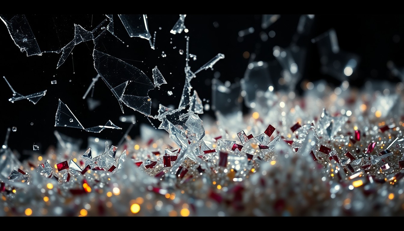 An abstract, high-contrast close-up photograph of shattered glass and glittering sequins, conceptually representing the glamour and controversy surrounding the Michael Jackson biopic.