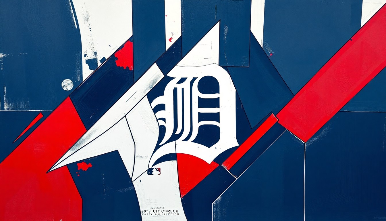 A fragmented, geometric painting depicting various elements of the Detroit Tigers City Connect apparel collection, including a hoodie and t-shirt, in a cubist style with sharp, overlapping planes of navy blue, red, and white.
