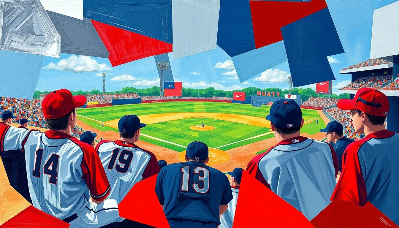A cubist, geometric painting depicting a high school baseball game, with sharp, overlapping planes of color representing the players and action on the field.