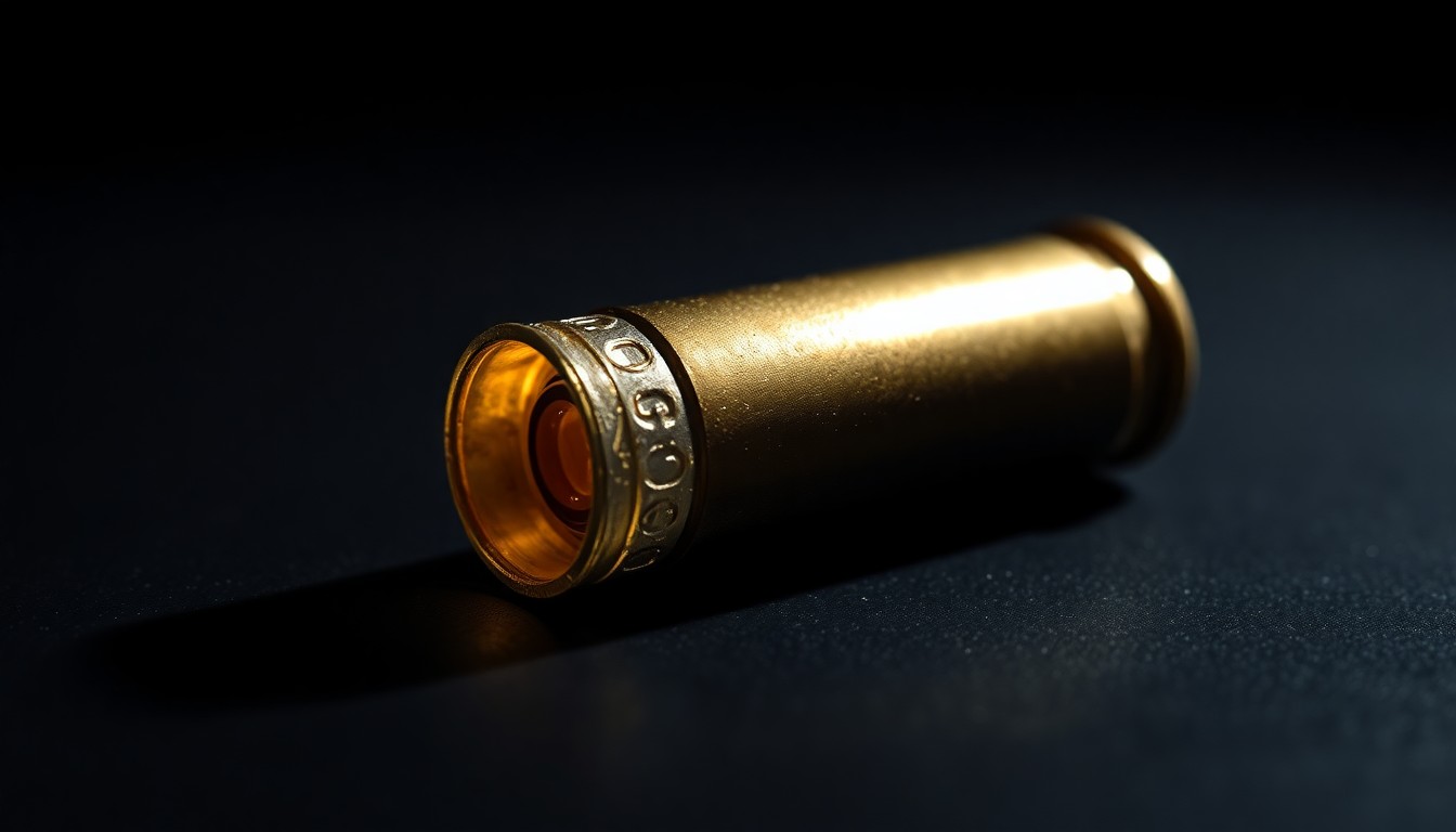 An extreme close-up of a spent bullet casing on a dark surface, lit by a harsh, direct camera flash, conceptually representing the dangers law enforcement officers face in the line of duty.