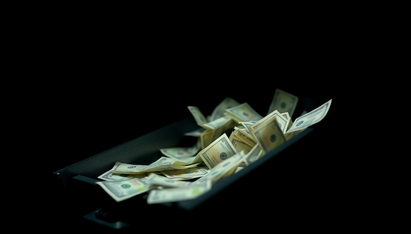 An extreme close-up photograph of a bank teller's cash drawer, the bills scattered and the drawer hanging open, lit by a harsh, direct camera flash against a pitch-black background, conceptually illustrating the aftermath of a bank robbery.
