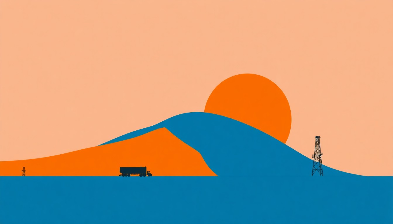 An abstract geometric illustration composed of overlapping triangles and circles in shades of blue, orange, and gray, conceptually representing the scale and stability of oil production in the Permian Basin region.