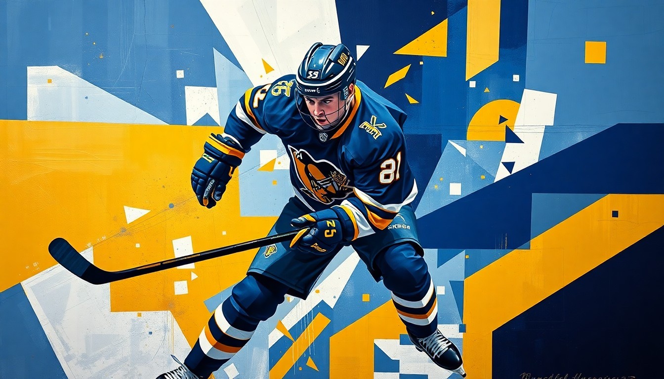 A fractured, cubist-style painting depicting a hockey defenseman in motion, with their body and the puck broken down into overlapping geometric shapes and planes in vibrant navy, gold, and white colors, conveying the speed and intensity of the sport.