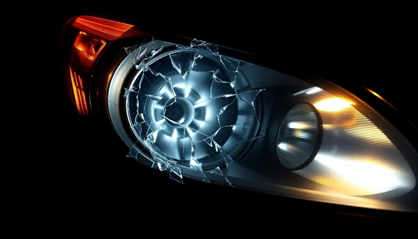 An extreme close-up photograph of a damaged car headlight lens, lit by a harsh, direct camera flash against a pitch-black background, conceptually representing the aftermath of a hit-and-run crash.