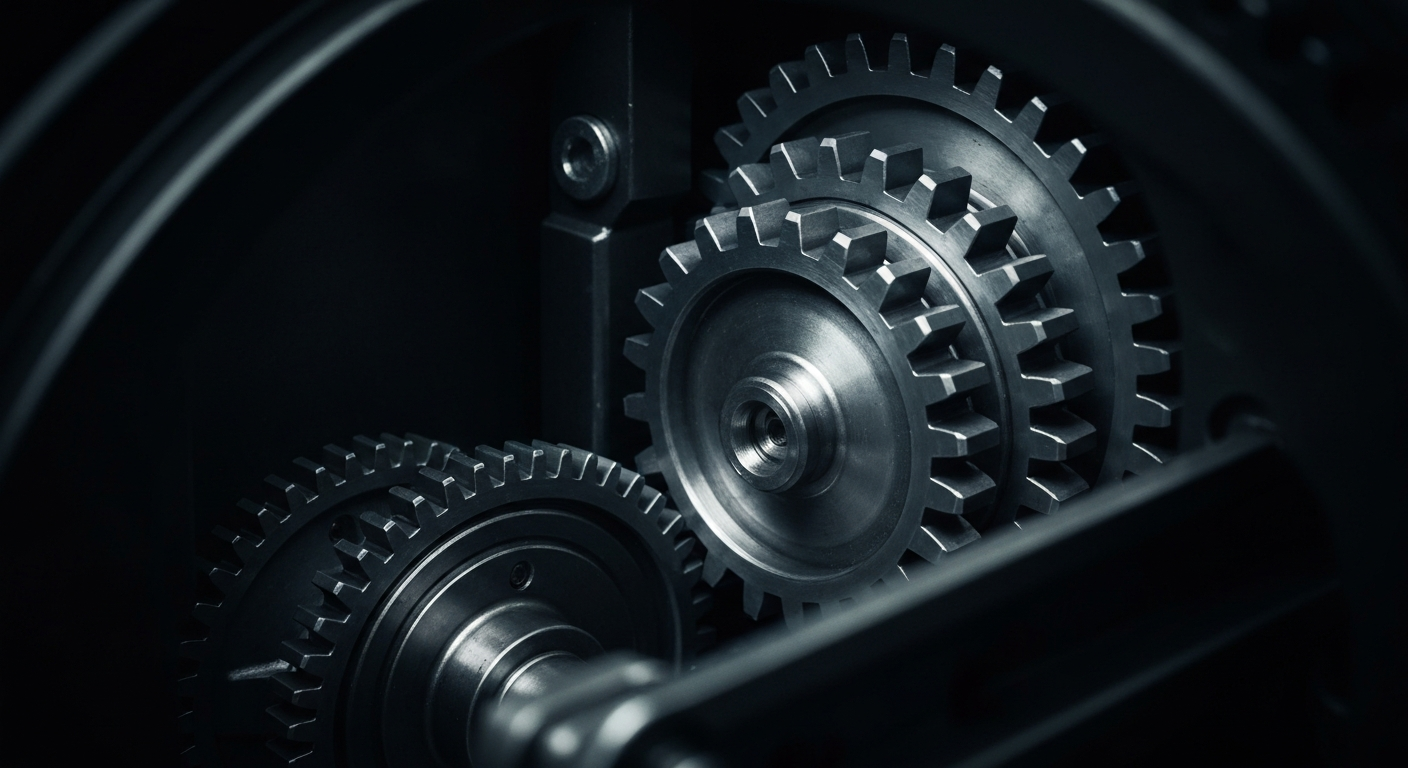 An extreme close-up of heavy, textured metal gears and machinery, conveying the complex financial mechanisms involved in municipal infrastructure projects.