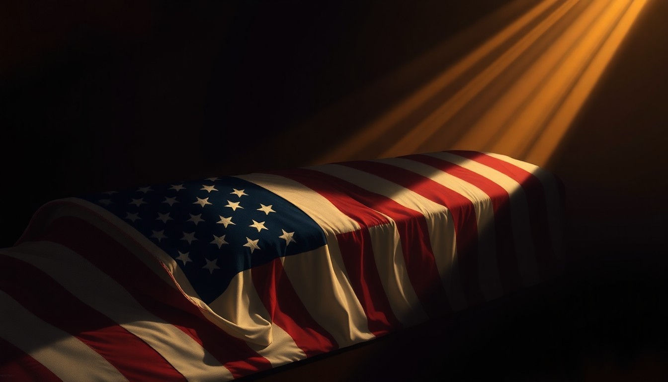 A warm, cinematic painting of an American flag draped over a military casket, capturing the solemn mood of the funeral service for the fallen airman.