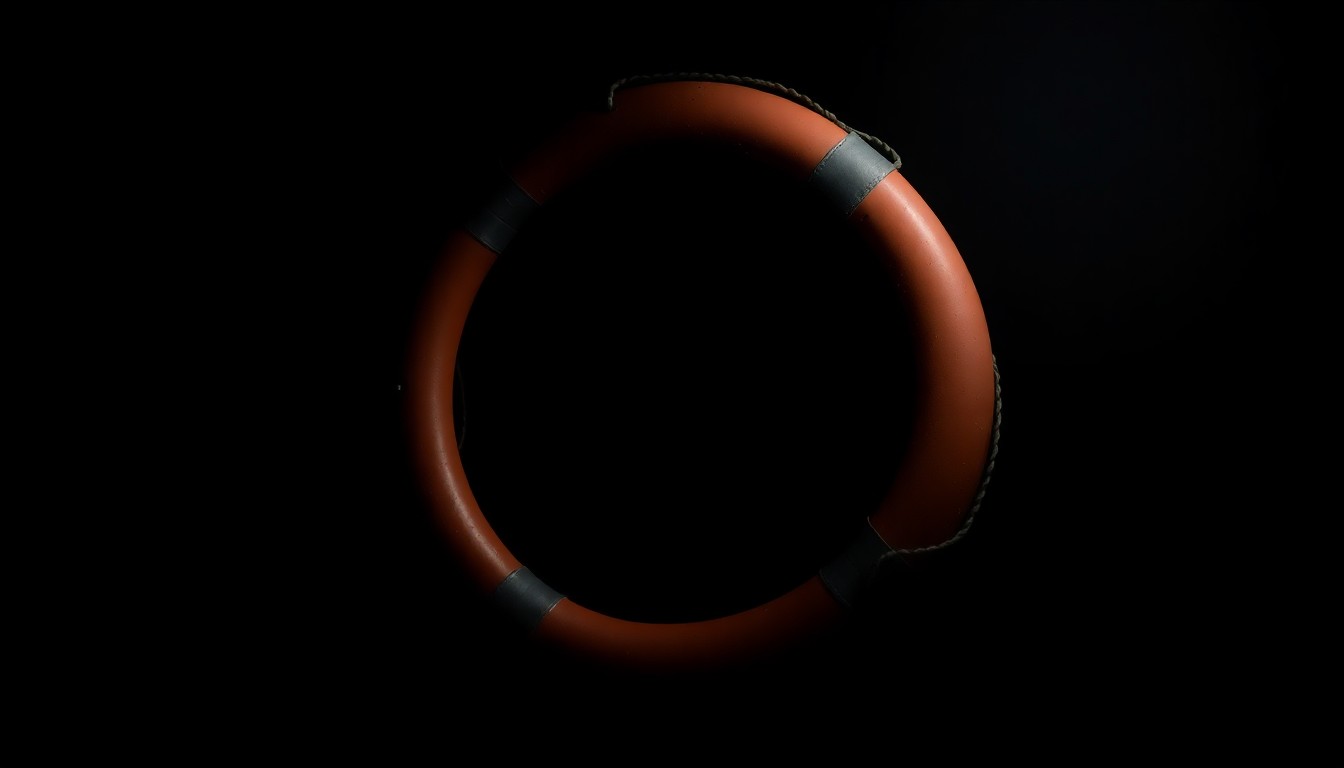 An extreme close-up photograph of a life preserver or other nautical safety equipment against a pitch-black background, lit by a harsh, direct camera flash, conceptually illustrating the investigation into Lynette Hooker's disappearance at sea.