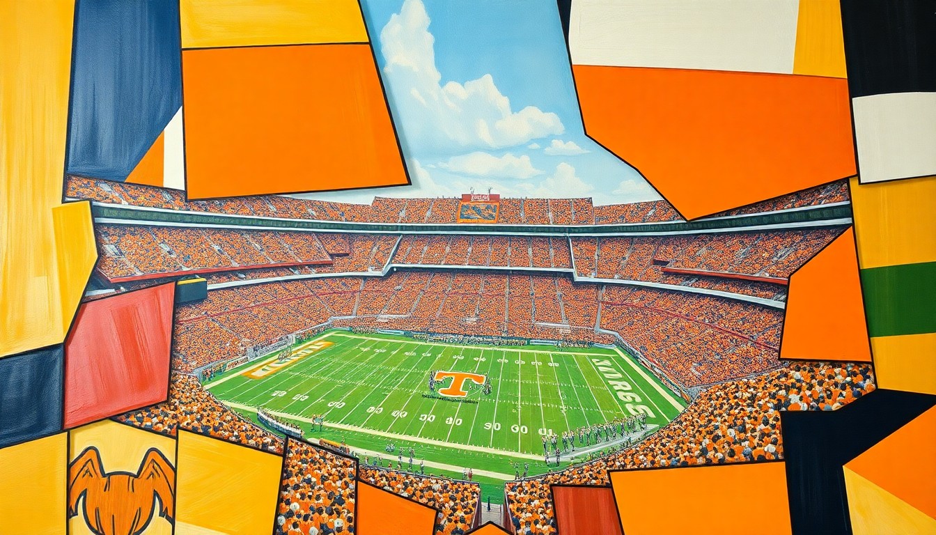 A fragmented, geometric painting depicting the action and movement of a Tennessee football game, with players and the stadium rendered in an abstract, cubist style.