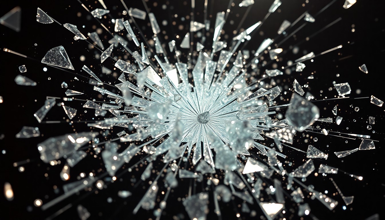 An abstract close-up photograph of shattered glass and glittering shards, capturing the raw energy and tension of a high-profile rap feud.