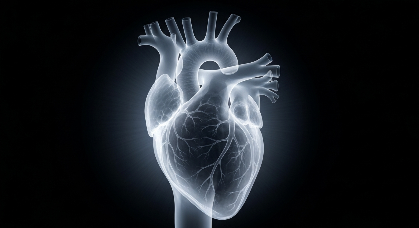 An extreme close-up of the translucent, ghostly X-ray image of a human heart, surrounded by a faint, pulsing glow, conceptually representing the protective effects of social connection against cancer.