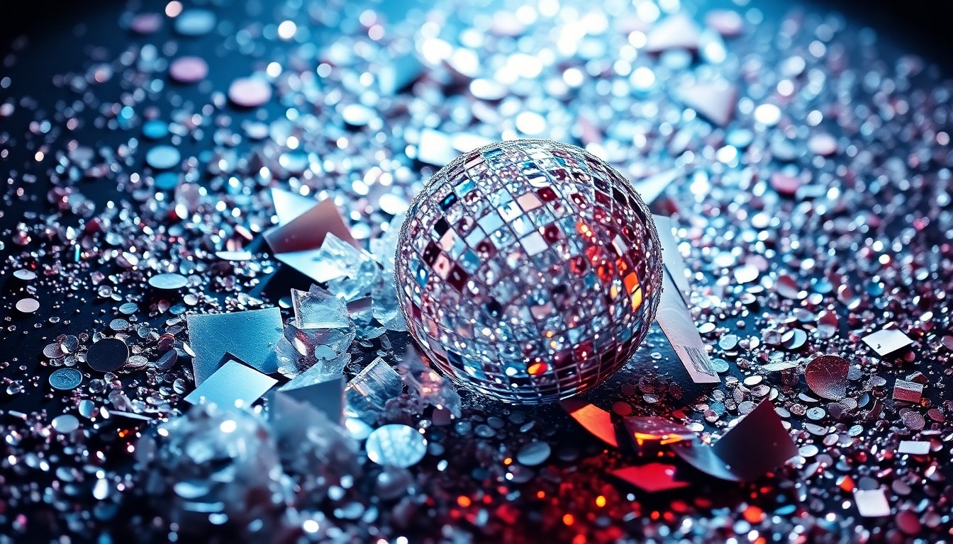 An abstract close-up image of shimmering sequins and shattered glass, capturing the high-fashion aesthetic and material excess of the 90s music industry.