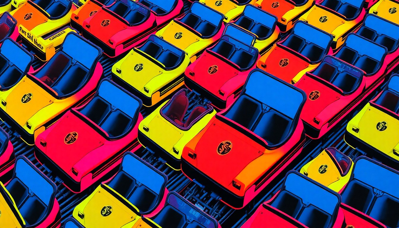 A bold, colorful silkscreen-style illustration featuring a repeating grid of a classic roller coaster car in vibrant neon hues, capturing the energy and excitement of a beloved theme park milestone.