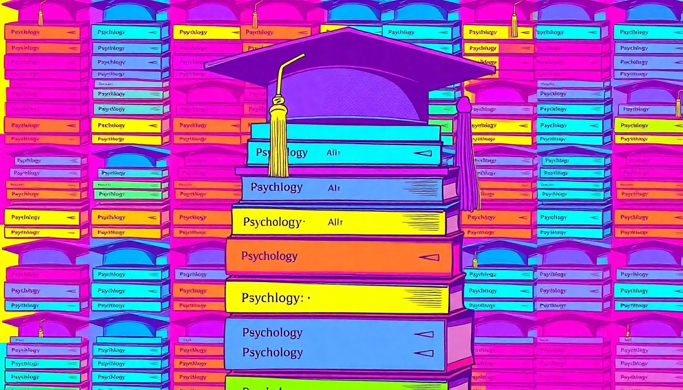 A brightly colored, high-contrast silkscreen print of a stack of psychology textbooks and a graduation cap, repeated in a tight grid pattern, conceptually representing the interdisciplinary nature of the psychology field and the success of a graduate student.