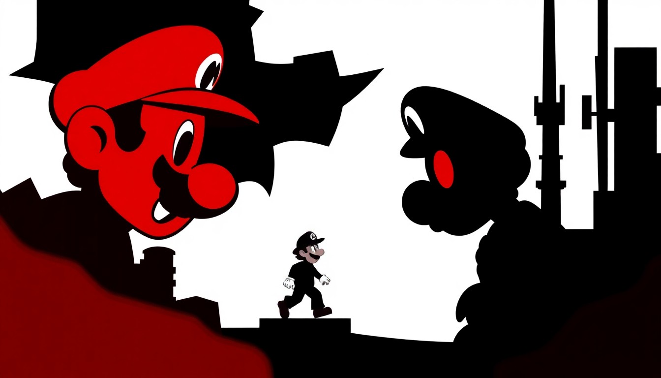 An abstract composition of jagged, geometric shapes in bold red and black, conceptually representing the disconnect between the Super Mario video game franchise and its 1993 live-action film adaptation.