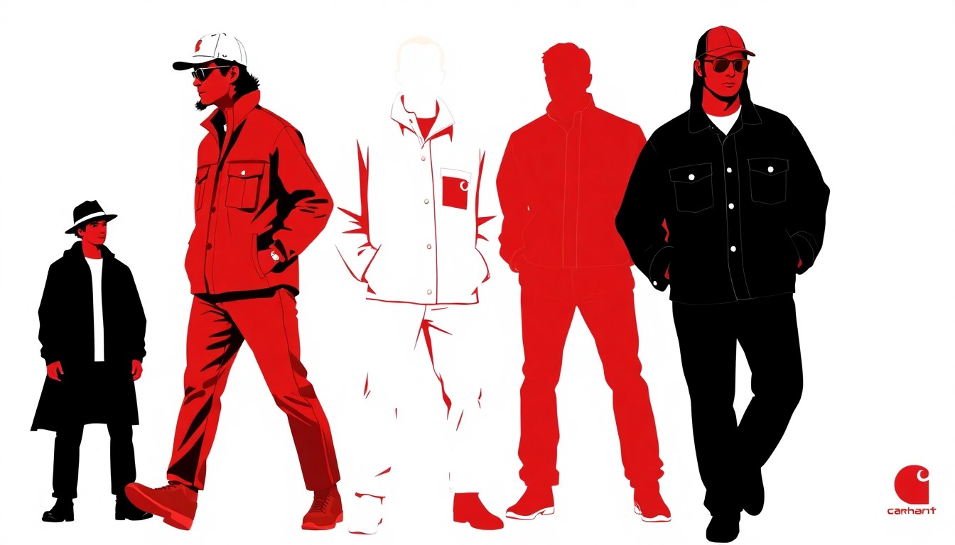 An abstract, minimalist illustration featuring bold, geometric shapes in contrasting red and white, representing the refreshed Carhartt WIP silhouettes and their timeless yet modern aesthetic.