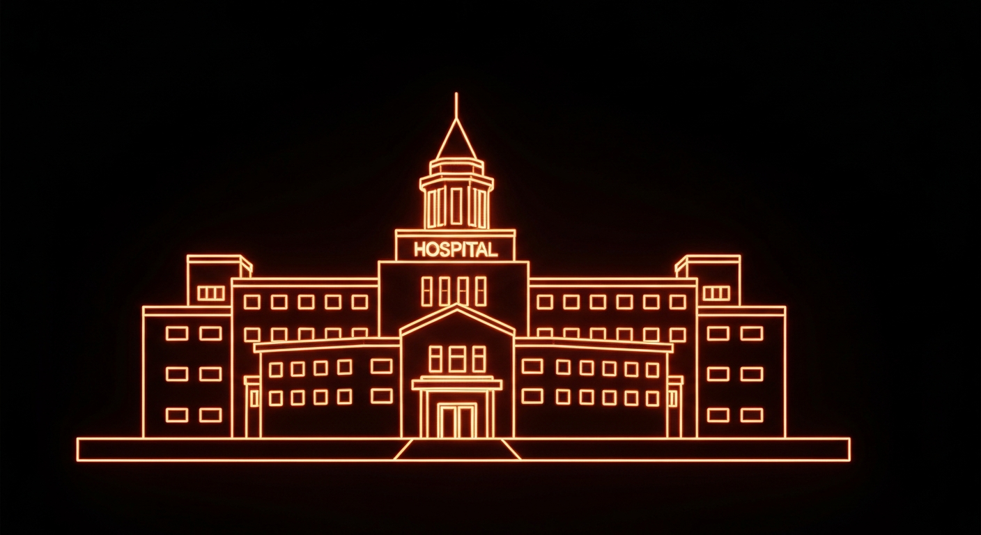 A minimalist, neon-outlined illustration of a hospital building, its shape defined by vibrant, glowing lines against a dark background, conveying the urgency and energy of the healthcare crisis in Jersey City.