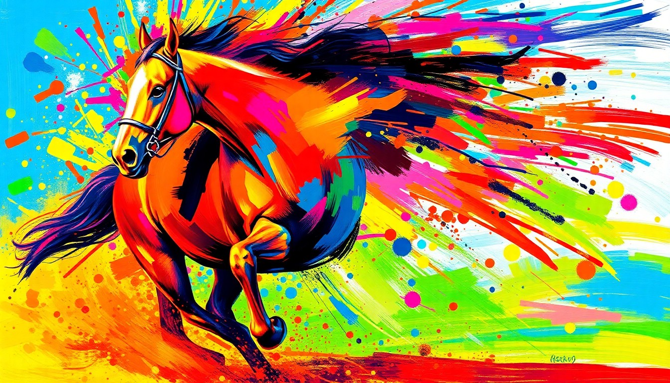 An abstract, expressionist painting in neon colors depicting the powerful, blurred motion of a galloping racehorse, conveying the raw energy and athleticism of the sport.
