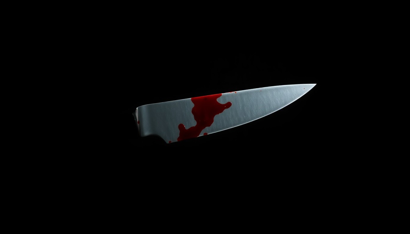 An extreme close-up of a single bloodied knife blade, reflecting a harsh white light and creating a stark, gritty, investigative aesthetic to conceptually illustrate a violent crime.