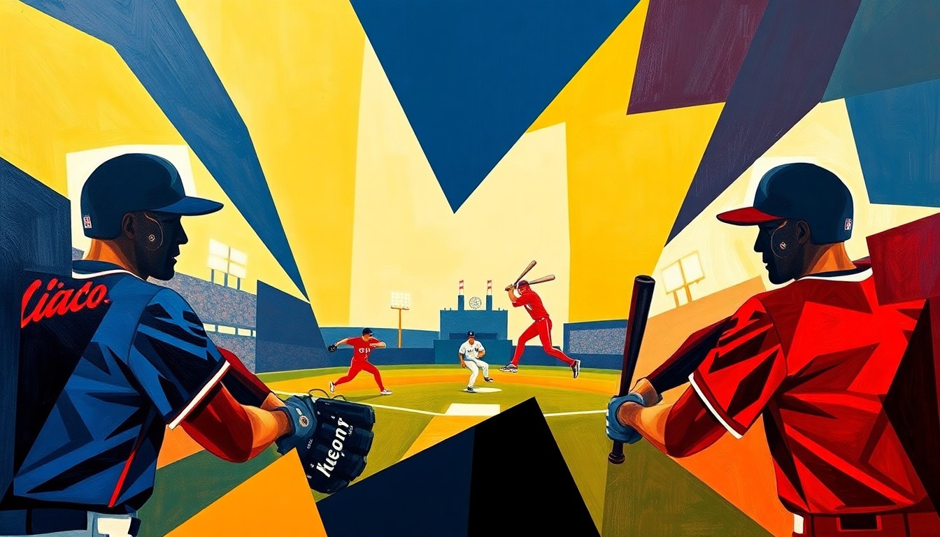 A fractured, geometric painting depicting a baseball game or match, with the players' forms abstracted into bold, angular shapes in a vibrant color palette of deep navy, crimson red, and golden yellow.