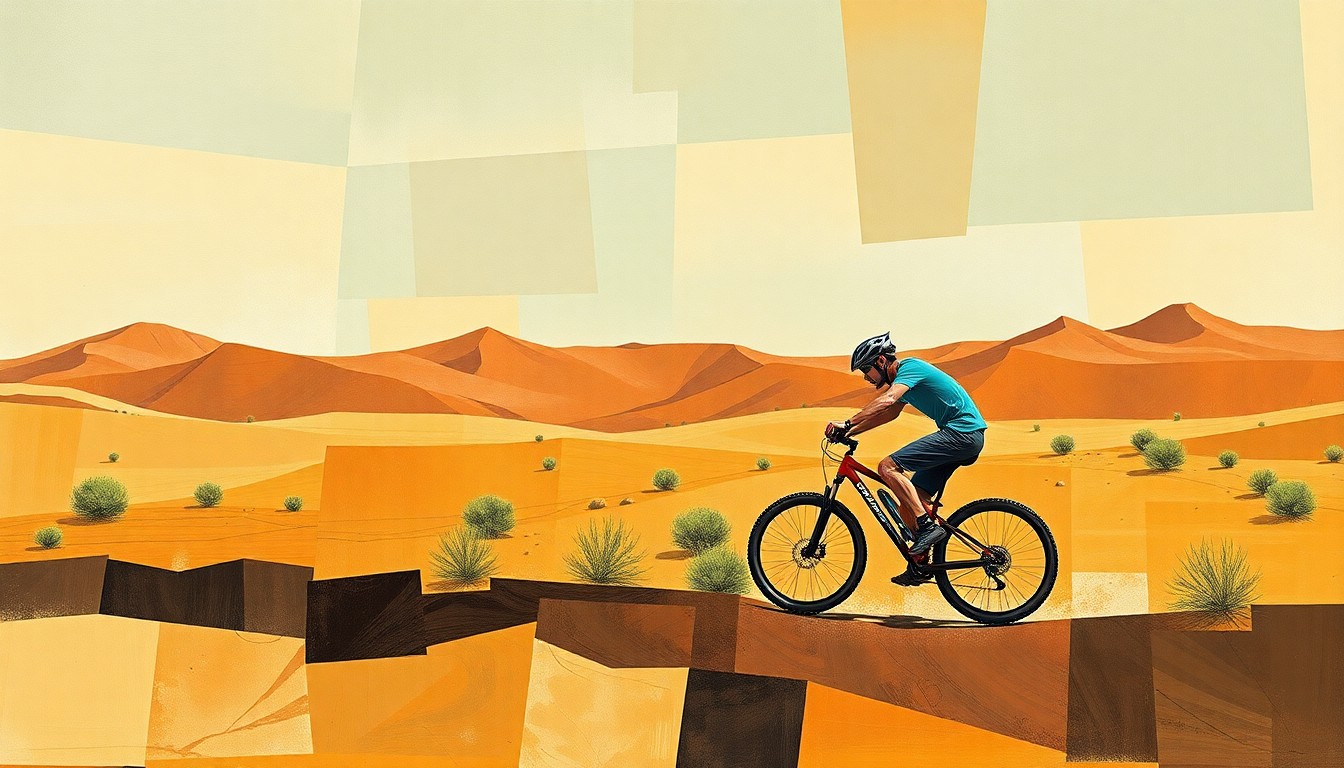 A fractured, multi-perspective painting depicting a mountain biker in motion against a desert landscape, with sharp, overlapping geometric planes in earthy tones of ochre, sienna, and sage green.