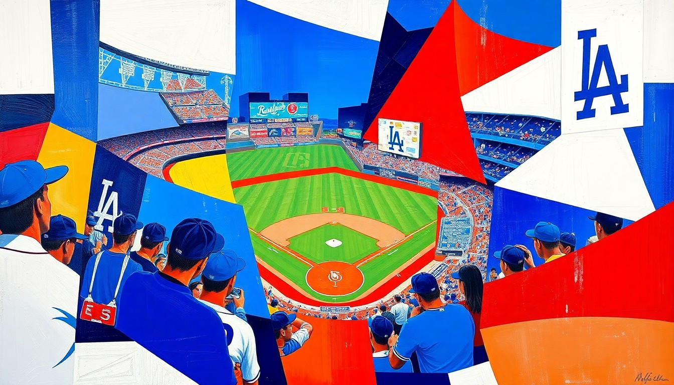A cubist, geometric painting depicting a Dodgers baseball game, with sharp, overlapping planes of blue, white, and red colors representing the dynamic action on the field.