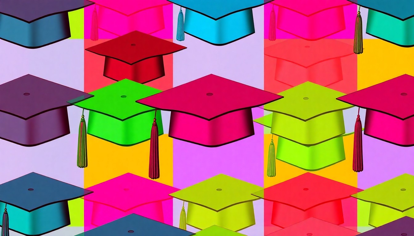 A brightly colored, high-contrast silkscreen print of a mortar board graduation cap repeated in a tight grid pattern, in the style of Andy Warhol. The image utilizes flat, vibrant, and unnatural neon color palettes overlapping with heavy black photographic outlines to turn an iconic symbol of higher education into modern pop art.