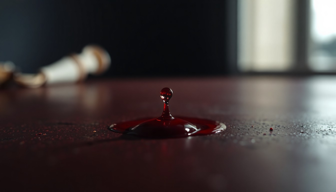 An extreme close-up photograph of a single drop of blood on a dark surface, lit by a harsh, direct camera flash, conceptually representing the disturbing evidence found in the investigation of Nancy Guthrie's abduction.
