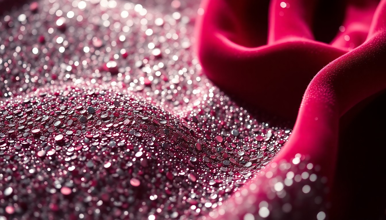 An extreme close-up of shimmering, high-contrast sequins and textured fabrics, capturing the glamorous, high-fashion aesthetic of the 'The Working Hour' collaboration between Thom Browne and ASICS.