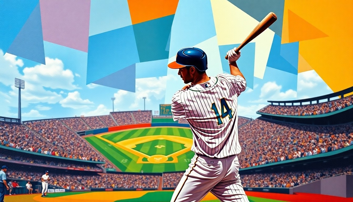 A fractured, cubist-style painting depicting a baseball player's batting motion, with sharp geometric planes in vibrant colors representing the player, the field, and the stadium crowd.