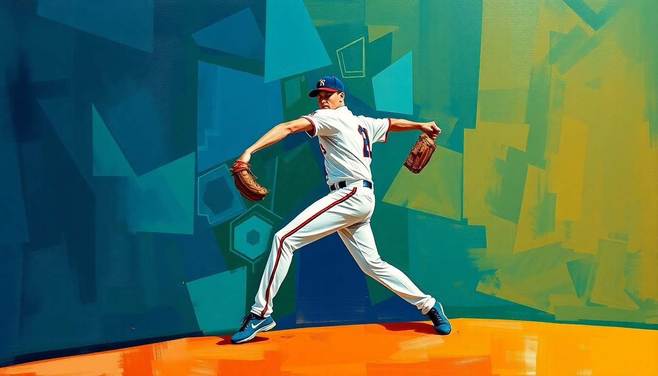 A fractured, cubist-style painting depicting a baseball pitcher's motion, with sharp geometric planes in vibrant colors like navy, green, and orange, conceptually representing the unpredictable nature of Bryce Elder's career.