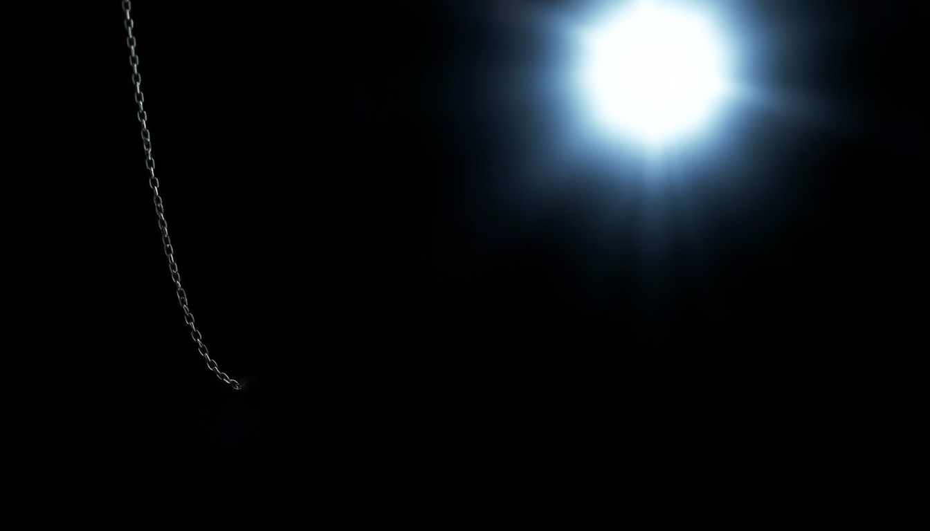 An extreme close-up photograph of a silver necklace against a pitch-black background, lit by a harsh, direct camera flash, conceptually representing a clue or piece of evidence in a missing person investigation.