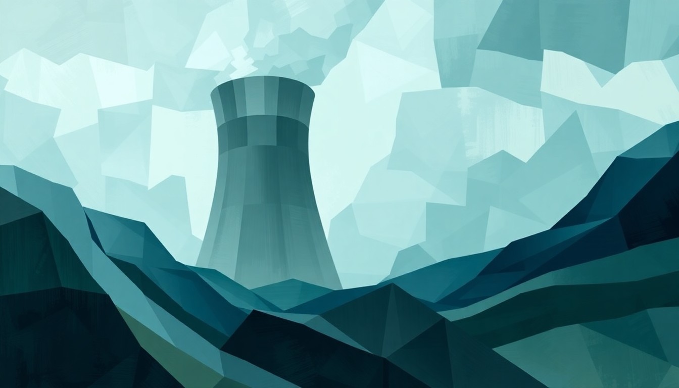 A dynamic, abstract painting of a nuclear reactor in motion, with overlapping geometric shapes and fractured brushstrokes in shades of blue, grey, and green, conveying a sense of energy and uncertainty around the political decision to bypass environmental assessments.