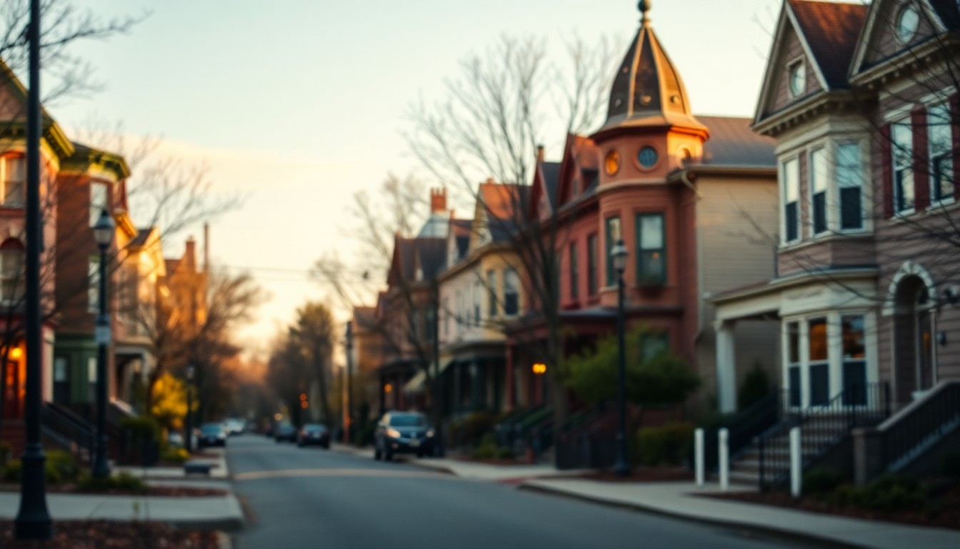 An abstract, out-of-focus photograph of a residential street in North Avondale, Cincinnati, with warm, hazy pools of light and color, conveying the neighborhood's historic charm and community spirit.