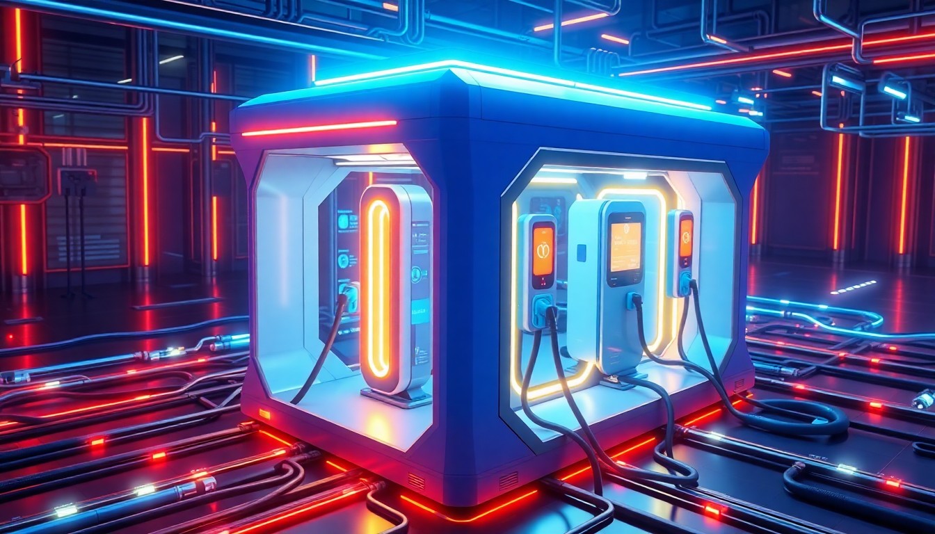 A highly detailed, glowing 3D illustration of a futuristic, modular EV charging station with sleek, angular forms and pulsing neon lights, representing the advanced technology powering the next generation of fleet electrification.