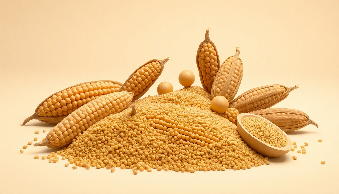 A high-end, photorealistic studio still-life photograph featuring a collection of polished, geometric soybean pods and soybean meal in shades of beige, brown, and gold, conceptually representing the strategic investment in export infrastructure by the U.S. soybean industry.