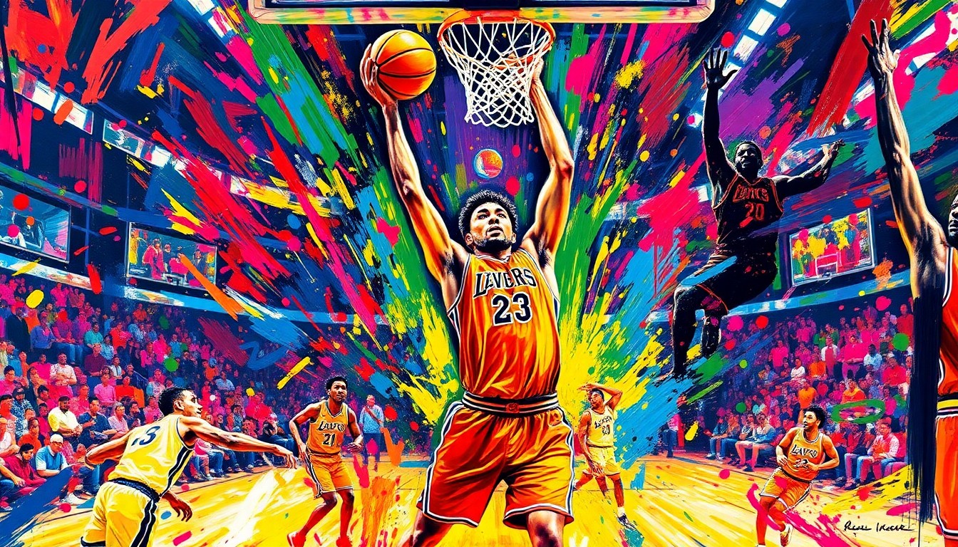 A dynamic, abstract painting in neon colors capturing the intense energy and movement of a basketball game, with players' forms dissolving into vibrant brushstrokes.