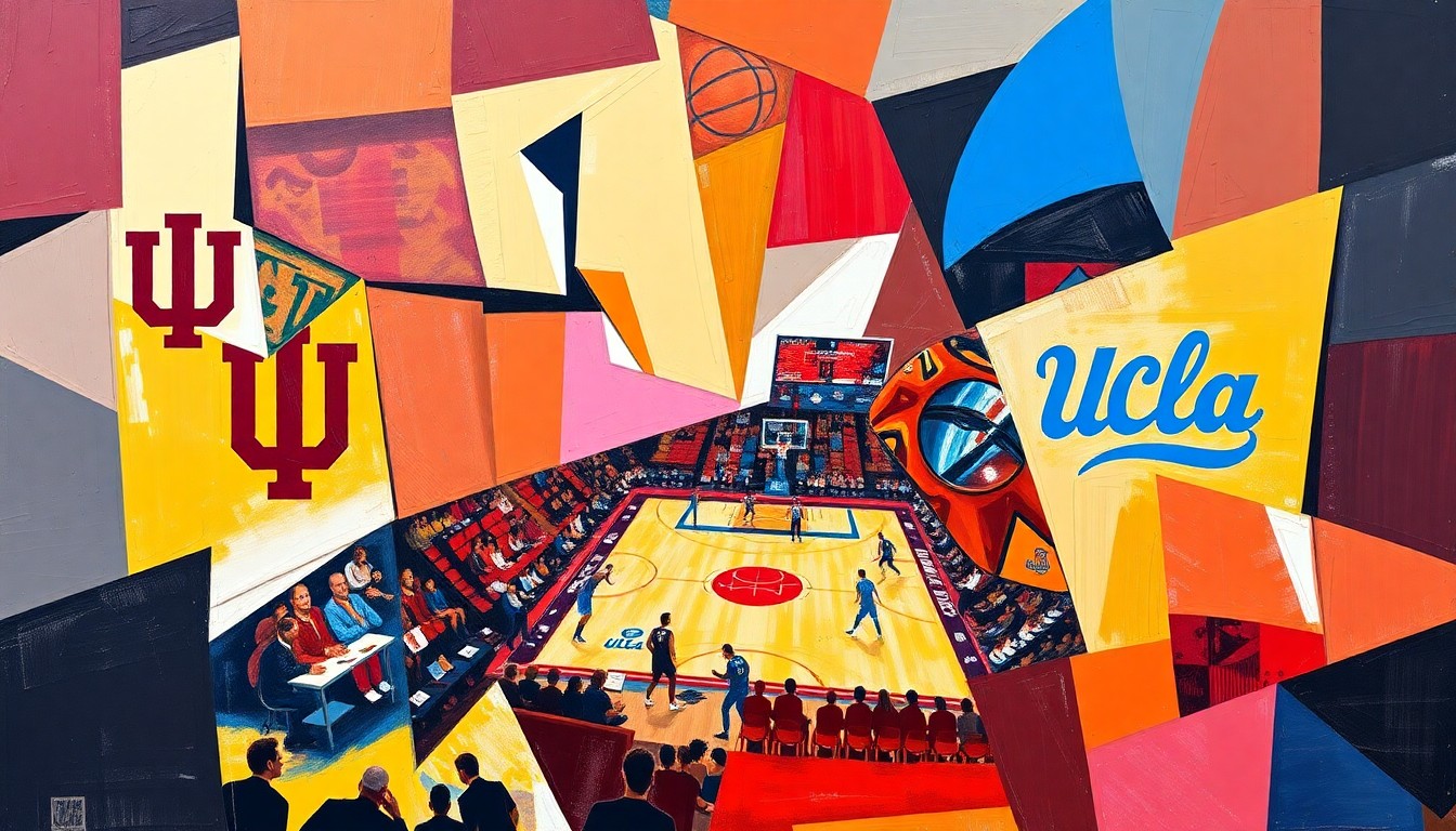 A fragmented, geometric painting in bold colors representing the dynamic energy and competing perspectives of a high-stakes college basketball game.