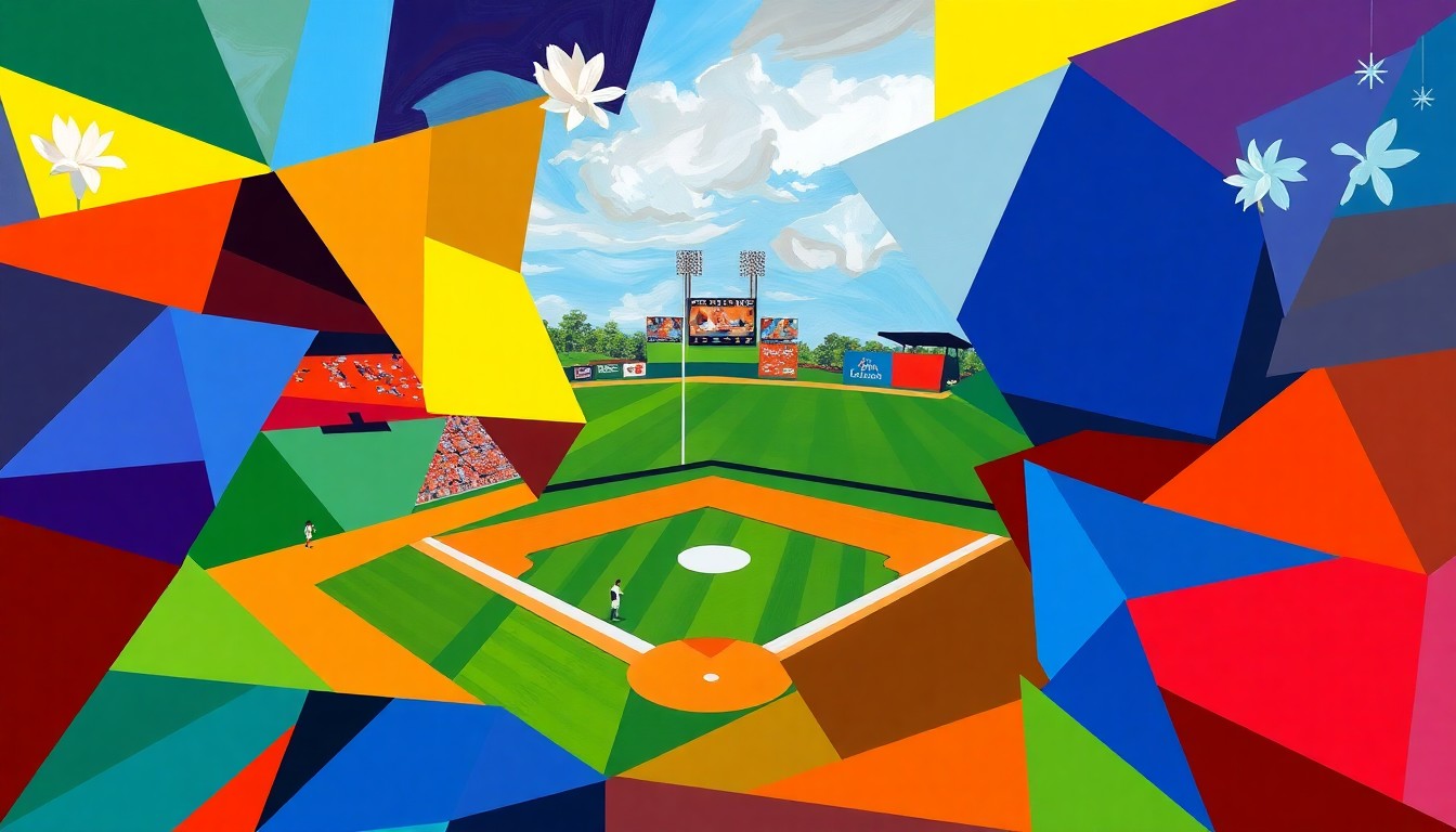 A cubist, fragmented painting depicting a baseball game or match, with sharp, overlapping geometric shapes in a vibrant color palette representing the official team colors.