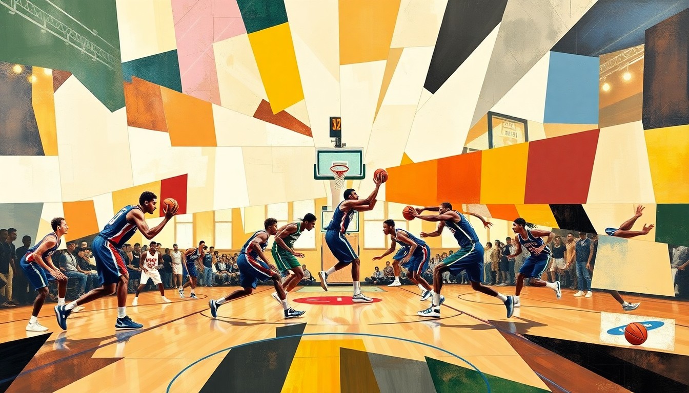 A cubist, geometric painting depicting a basketball game between the Detroit Pistons and Milwaukee Bucks, with the players' movements and the energy of the game broken down into sharp, overlapping planes of color and shape.