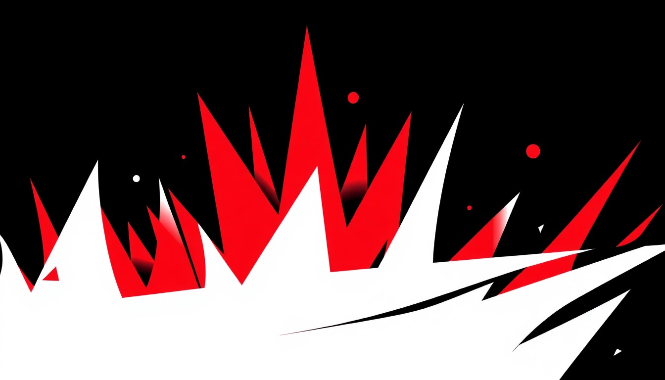 An abstract, minimalist illustration composed of bold, angular shapes in red and white, conveying the energy and diversity of Queens' local arts scene.