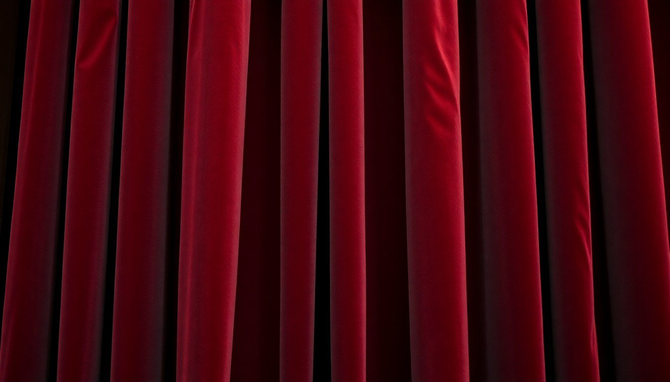An abstract, high-contrast close-up photograph of a plush, velvety burgundy curtain, capturing the rich, glamorous textures associated with a world-class art museum.