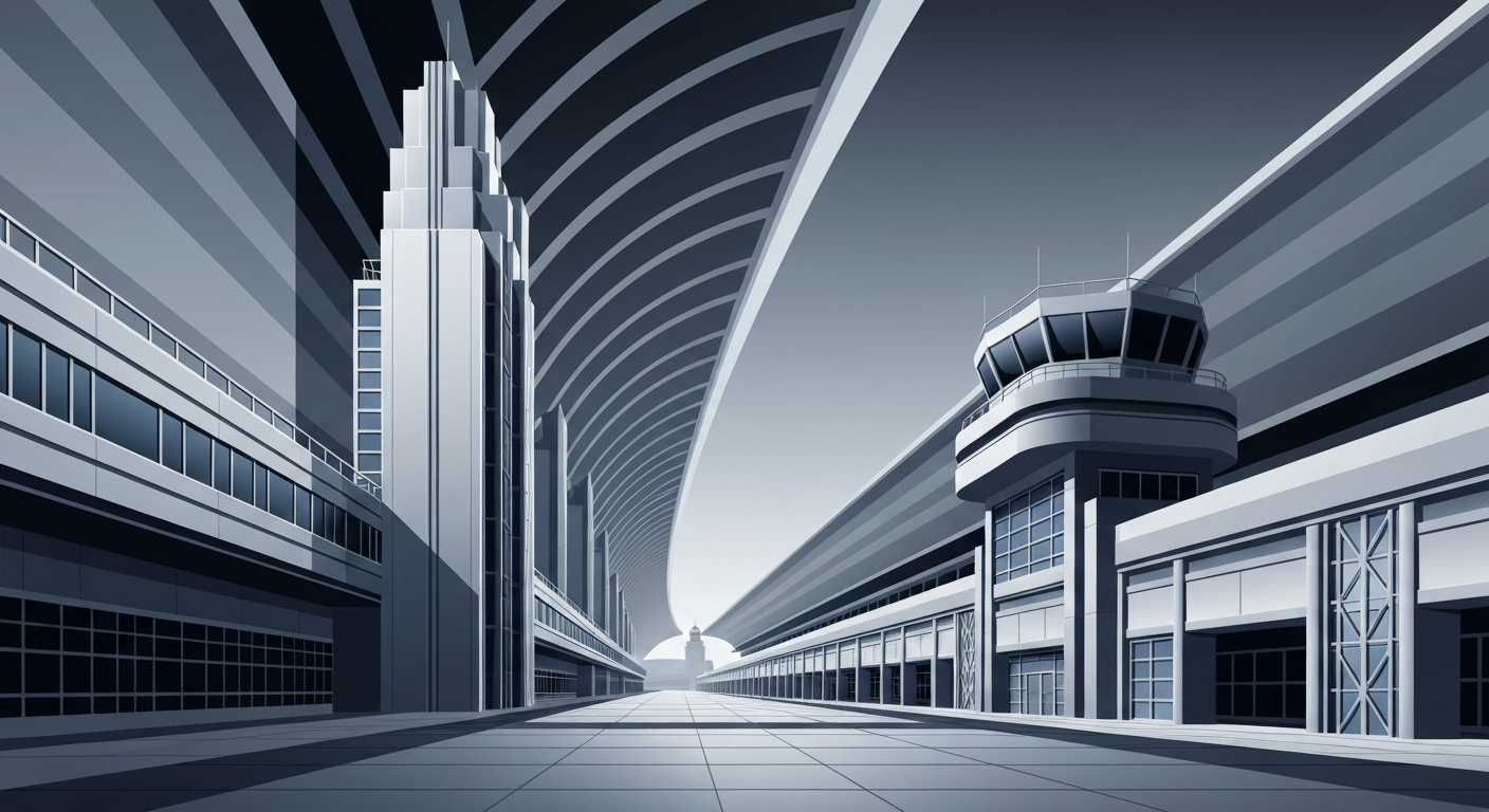 A bold, geometric illustration in shades of gray, blue, and silver, depicting the towering forms of an airport terminal or control tower, capturing the grand scale and sleek design of air travel infrastructure.