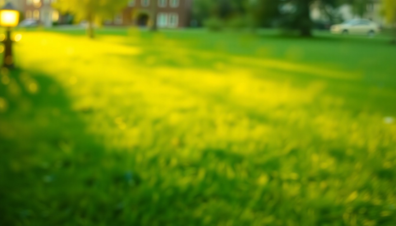 An abstract, impressionistic scene of a vibrant green lawn captured in soft, hazy focus, conveying the serene beauty of a well-maintained outdoor space.